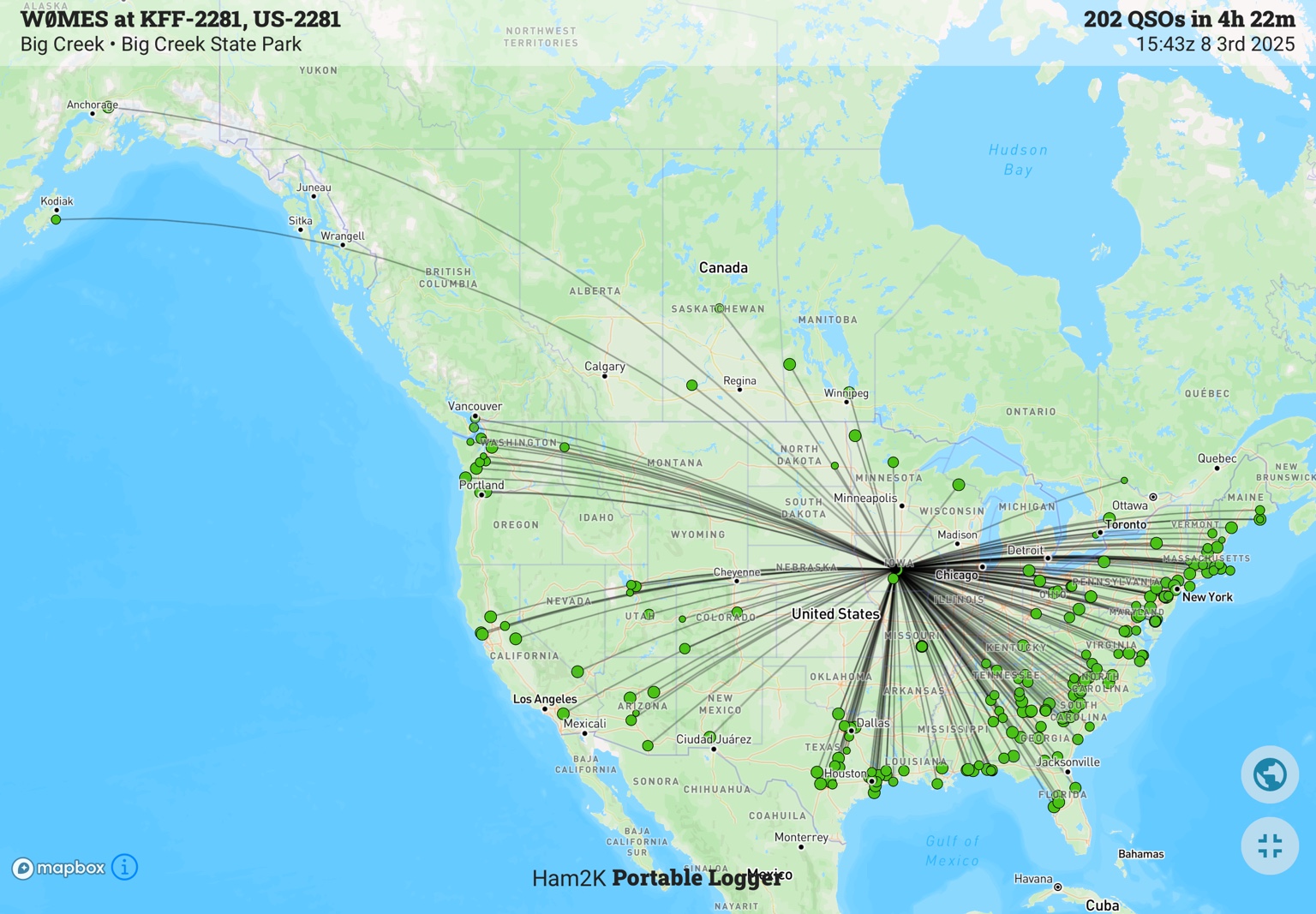 Contact map from Big Creek State Park in Iowa showing 202 QSOs on August 3, 2025