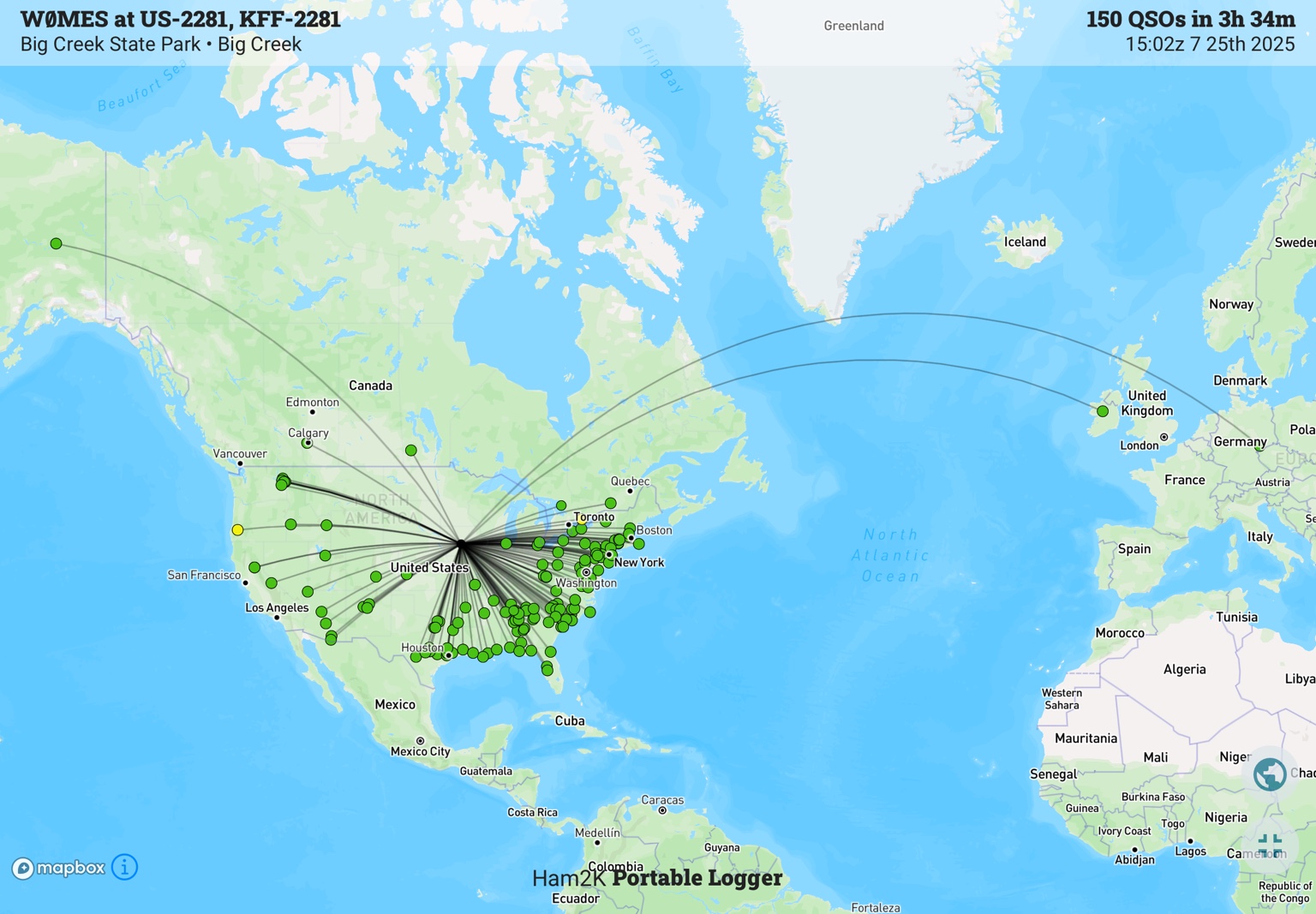 Contact map from Big Creek State Park in Iowa showing 150 QSOs on July 25, 2025