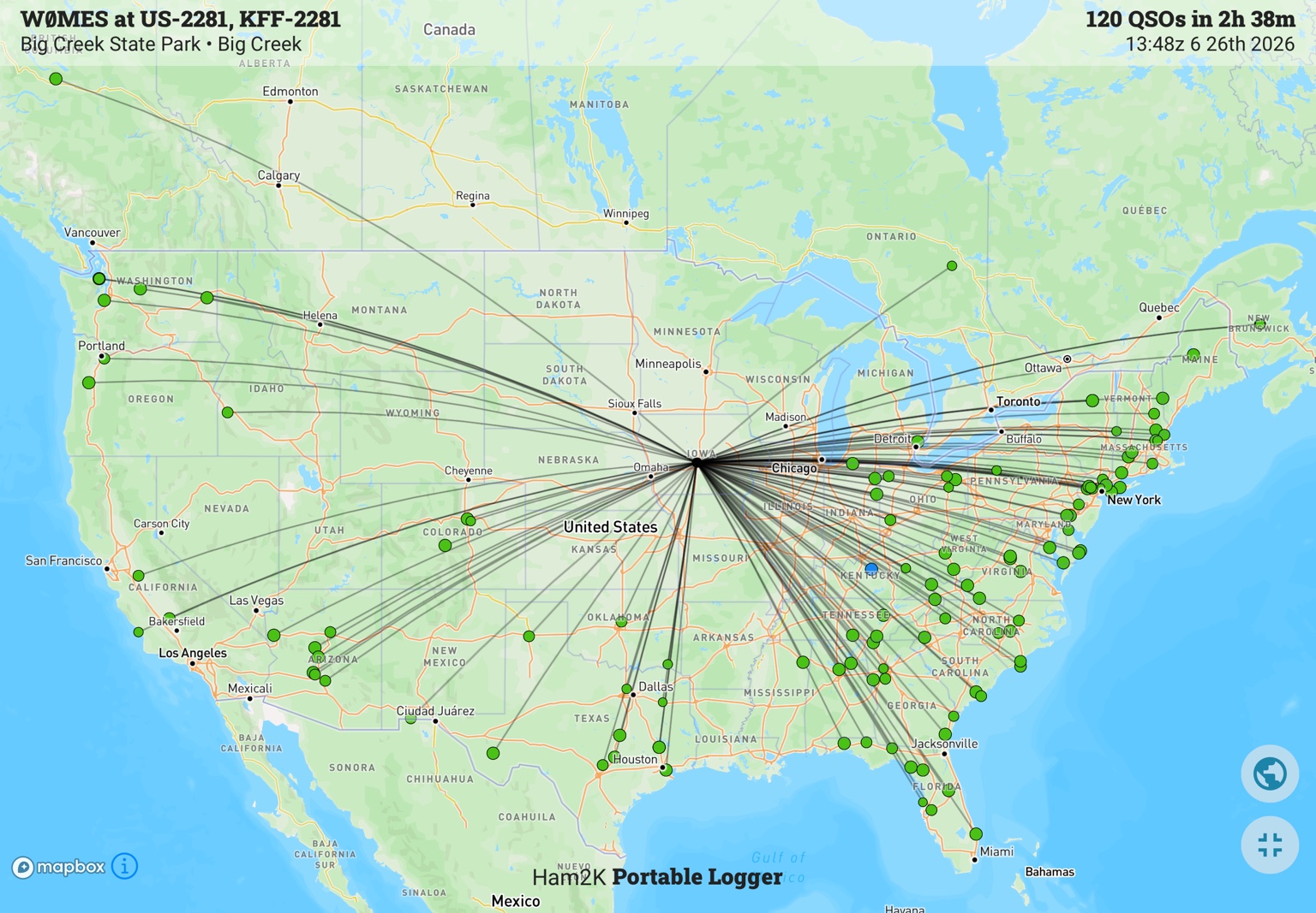 Contact map from Big Creek State Park in Iowa showing 120 QSOs on June 26, 2026