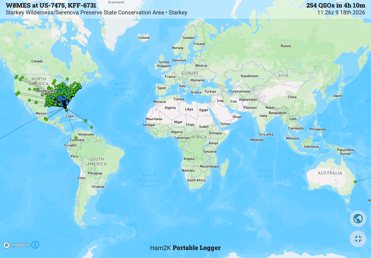 Contact map from Starkey Wilderness in Florida showing 254 QSOs on September 18, 2026