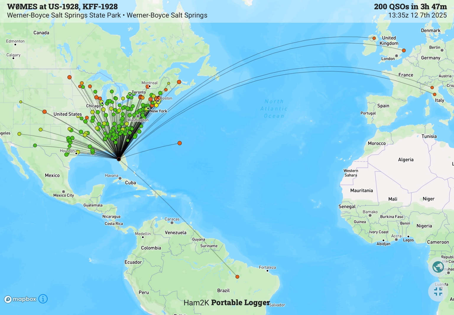 Contact map from Werner-Boyce Salt Springs State Park in Florida showing 200 QSOs on December 7, 2025