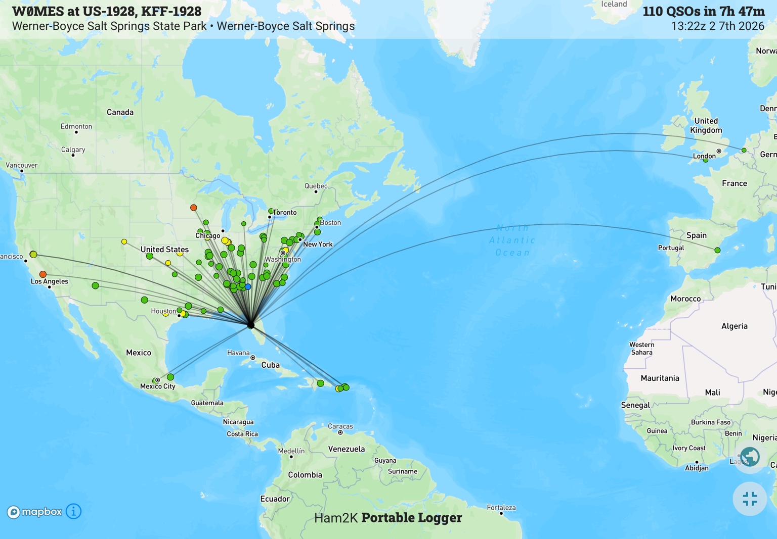 Contact map from Werner-Boyce Salt Springs State Park in Florida showing 110 QSOs on February 7, 2026