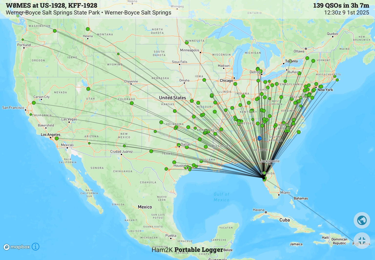 Contact map from Werner-Boyce Salt Springs State Park in Florida showing 139 QSOs on September 1, 2025