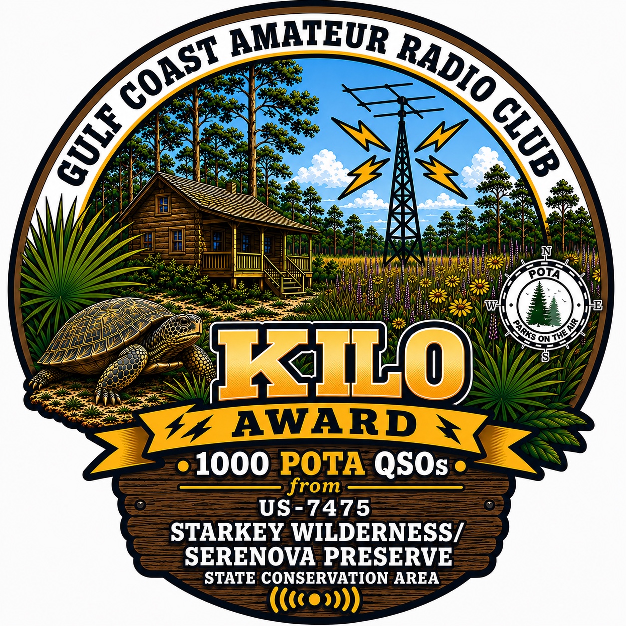 Kilo Award sticker for 1,000 POTA QSOs from US-7475 Starkey Wilderness Serenova Preserve State Conservation Area