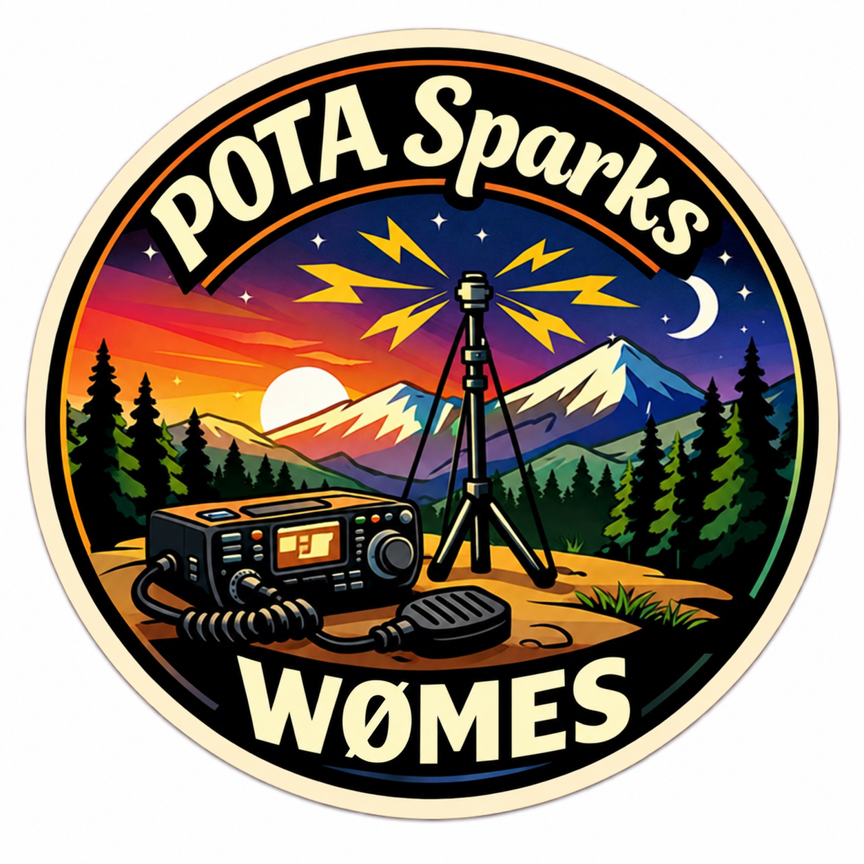 POTA Sparks W0MES logo with a slashed zero, showing a portable radio and antenna at sunset in the mountains